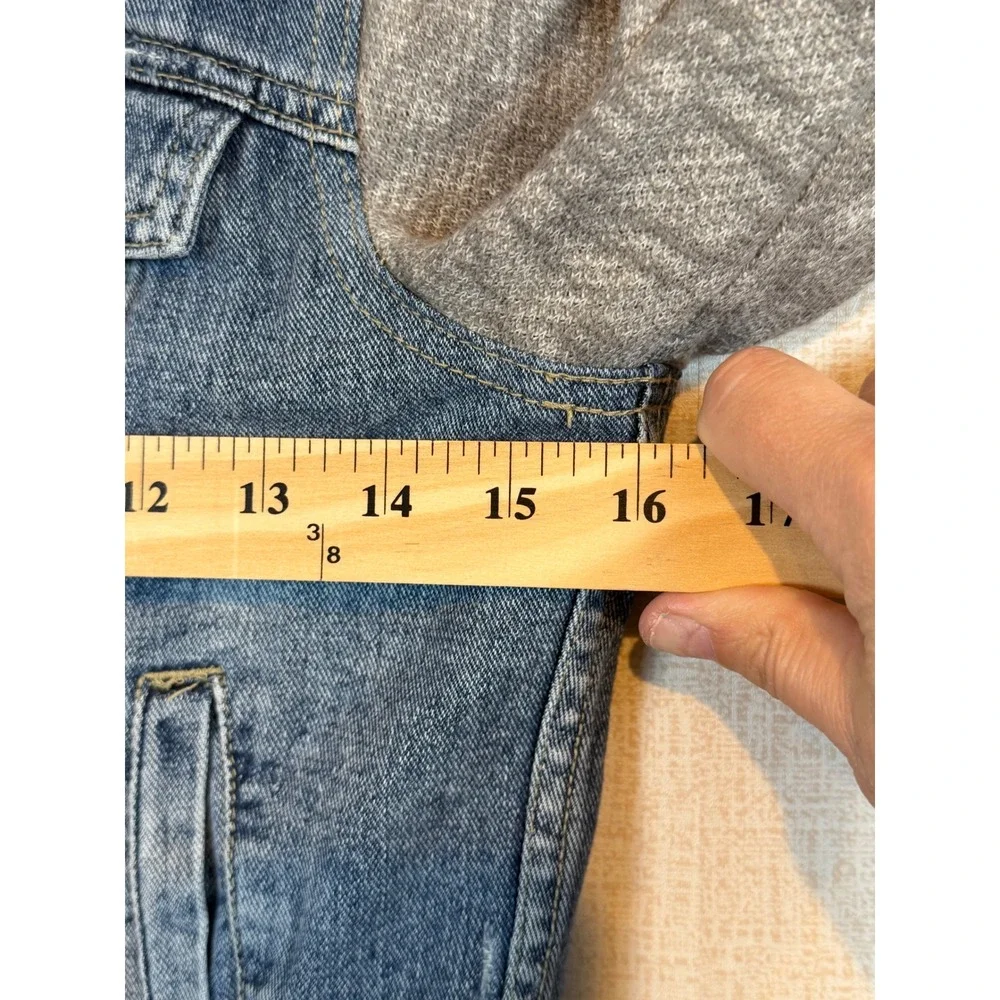 Free People Mixed Media Hooded Denim Jacket Blue Trucker Jacket •S• Boho Shacket - Picture 7 of 10